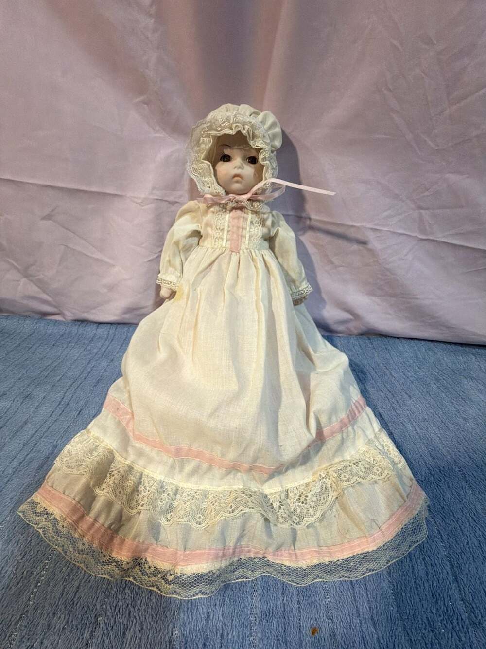 Vintage Porcelain Doll Victorian Dress Bonnet Pink